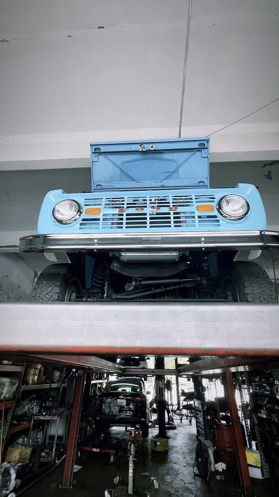 Classic Ford Bronco on the lift