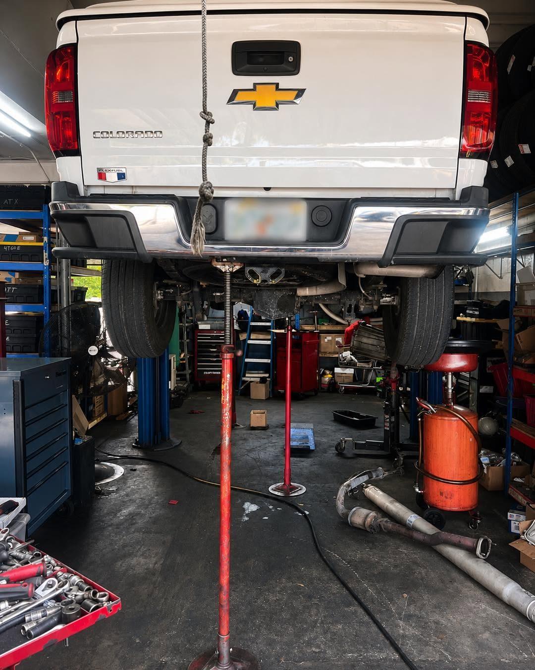 Chevy Colorado on the lift for a transmission job