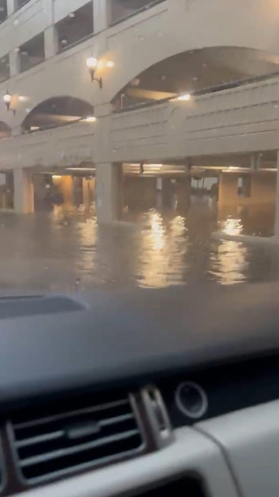 Flooded street in South Florida seen from the driver seat